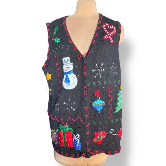 Vintage Holiday Sweater Black Embroidered Embellished Sequin Christmas Vest - Picture 6 of 14